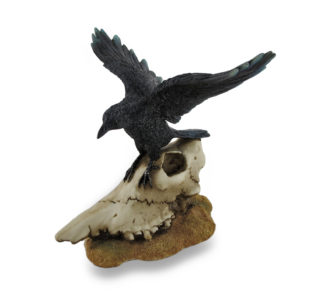 Black Open Winged Crow Perched On Sheep Skull Sculptural Figurine - $37.87