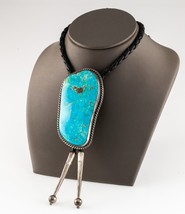 Sterling Silver Turquoise Bolo Tie Signed Bennett with Braided Leather - $475.20