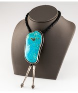 Sterling Silver Turquoise Bolo Tie Signed Bennett with Braided Leather - £373.67 GBP