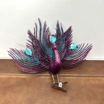 Purple &amp; Blue Glitter Peacock Bird Figurine Note Paper Clip On - £10.01 GBP