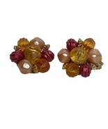 Vintage Cluster Beads Clip-On Earrings Hong Kong Peach Pink Retro - $26.54 CAD