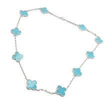 Van Cleef &amp; Arpels 18k White Gold 10 Motif Alhambra Turquoise Necklace + Paper - £35,171.66 GBP