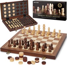 2 in 1 Magnetic Wooden Chess and Checkers Board Game Set 15&quot; Folding Che... - £50.23 GBP