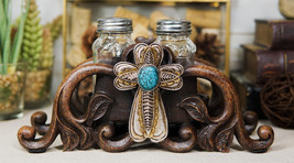 Turquoise Stone Holy Cross with Faux Wood Scroll Vines Salt Pepper Shakers Set - £20.50 GBP