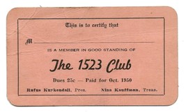 Vintage 1950 Membership Card THE 1523 CLUB Indianapolis Indiana Bar Restaurant? - £23.22 GBP