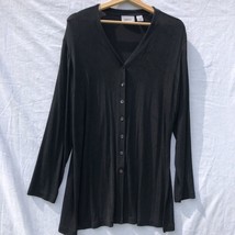 Black Knit Button Up Long Sleeve Top Shirt Chico&#39;s Travelers Size 2 Acetate - £19.48 GBP