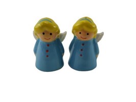 Vintage Ceramic Holiday Christmas Blond Blue Angel Salt And Pepper Shakers  - £7.74 GBP
