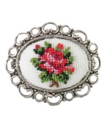 Vtg Petit Point Needlepoint Red Pink Rose Silver Filigree Border Brooch Pin - €20,53 EUR