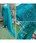 Pakistani Teal Fancy Chiffon Dress with embroidery &amp; Squins work,XL - $190.19 CAD