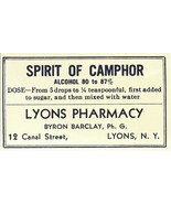 1 Vintage Pharmacy Label SPIRIT OF CAMPHOR Lyons Pharmacy Lyons New York - $590.02 MXN
