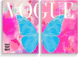 2 Piece Trendy Preppy Blue Butterfly Canvas Wall Art Pink Vogue Pictures Posters - £29.61 GBP