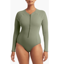 Sea Level Vesper Long Sleeve One-Piece Ribbed Toned Swimsuit, Size 10, Sage NWT - £72.81 GBP