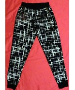 BLACK WHITE RELAXED COMFY HIGH RISE PANTS ELASTIC WAIST POCKETS ZIPPERS S/M - £3.87 GBP
