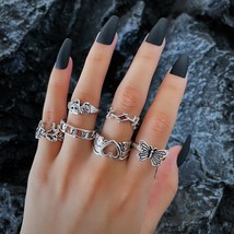 Vintage Punk Butterfly Heart Ring Set for Women Retro Gothic Ancient Silver Colo - £9.41 GBP