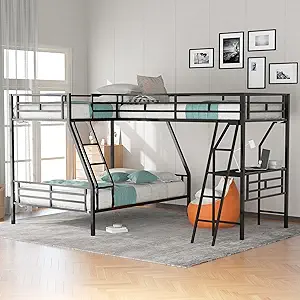 Merax Metal L-Shaped Bunk Bed with a Loft Attached, Triple Bedframe with... - $963.99
