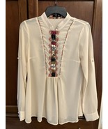 Ryu Women’s Blouse Size Small Cream Long Sleeve Beaded Sheer - £16.77 GBP