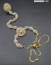 Gold Plated Indian Bollywood Style Diamond Ring Bracelet CZ Chain Jewelry Set - £38.07 GBP