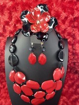 Vintage Chico’s Chicos Acrylic Red Black Necklace Earrings &amp; Brooch Is U... - £22.41 GBP