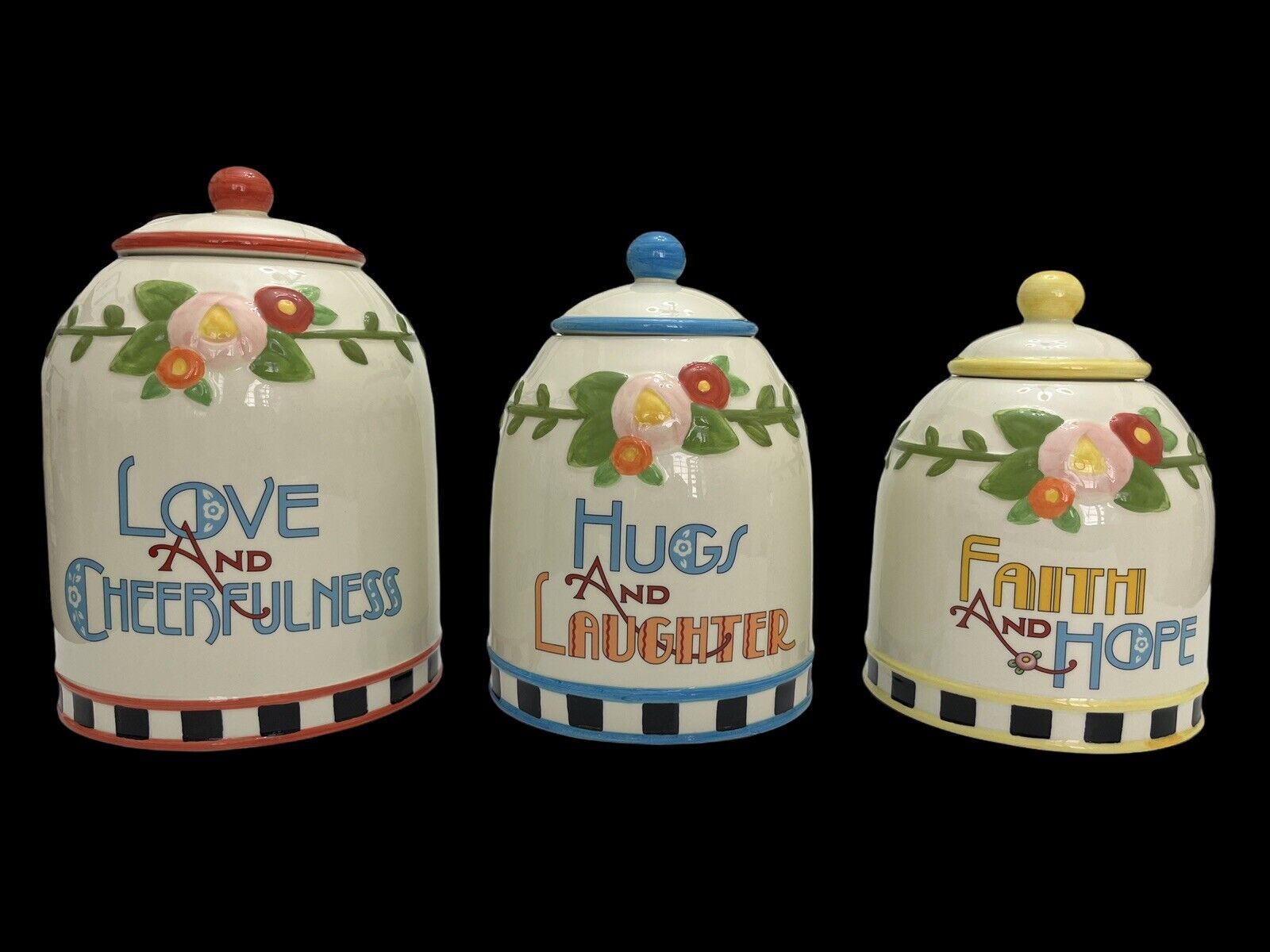 Mary Engelbreit Canister Set of 3 Decorative Spoon Set 2003 Porcelain Love Faith - $128.69