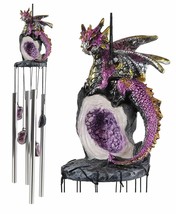 Medieval Purple Dragon Guarding Topaz Crystal Geode Rock Figurine Wind Chime - £26.06 GBP