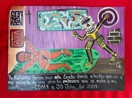 Mexican Folk Art Skeleton Attacks Lady In Bedroom Wild Tin Ex Voto Retablo - $40.00