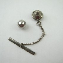 Vintage Tie Tack Lapel Pin Silver tone Sphere Ball &amp; Chain Tie Bar - £7.95 GBP
