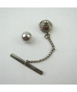 Vintage Tie Tack Lapel Pin Silver tone Sphere Ball &amp; Chain Tie Bar - £7.98 GBP