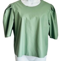 Moss Green Vegan Leather Puff Sleeve Elbow Length Tee size M Round Neck Top - $18.23