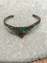 Vintage cuff bracelet 925 sterling silver  turquoise coral feathers old pawn - £48.43 GBP