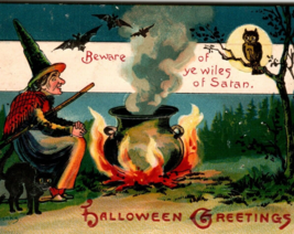 Halloween Postcard Beware Of Ye Wiles Of Satan Witch Black Cat Owl Bats Banks - $90.25