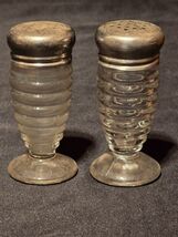 Vintage Hazel Atlas Concentric Rings Salt &amp; Pepper Shaker Set With Metal... - $9.98