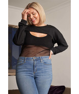 Plus Black Raw Hem Long Sleeve Crop Top &amp; Beach Net Sheer Bodysuit Two P... - €15,86 EUR