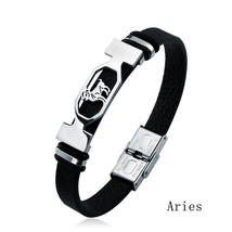 12 Constellation Stainless Steel Cuff Bracelet Men Women Zodiac Sign Black Leath - £11.13 GBP