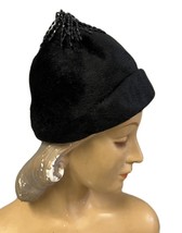 Retro 60s Helios Italy Black Fur Wool Helmet Hat Small Beaded Tassel VTG... - $66.83