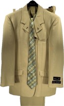 Falcone Men&#39;s Suit 5 Piece Light Gold Tie Hanky Vest Pleated Pants Size 44R W38&quot; - £118.14 GBP