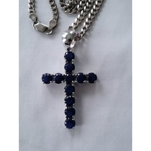 Natural Blue Sapphire Gemstone 925 Sterling Silver Cross Charm Pendant Necklace - £79.12 GBP