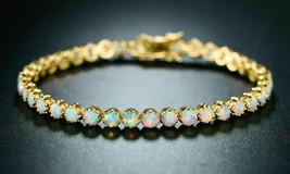 13Ct Round Cut Simulated Fire Opal Crown Tennis Bracelet 14K Yellow Gold Plated - £289.38 GBP