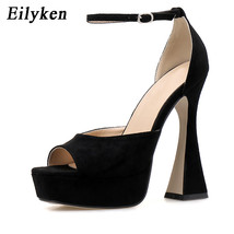 Summer Concise Flock Strange Heels Women Sexy Ankle Buckle Strap Platform Shoes  - £42.03 GBP