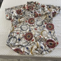 JUDY BOND Poly vintage white multicolor clocks short sleeve top blouse size 10 - £11.08 GBP