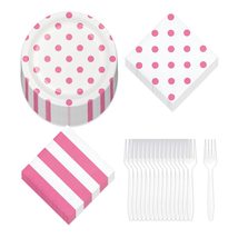 Pink Party Supplies - Polka Dots and Stripes Candy Pink Paper Dessert Plates, Be - £11.43 GBP