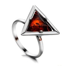 Silver Ring with Amber, Sterling silver 925, Stamped, Rhodium plating, cognac - £20.57 GBP