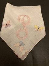 VINTAGE HANKY Handkerchief Appliqué Butterflies Letter “P”  14” X 14” - $14.85