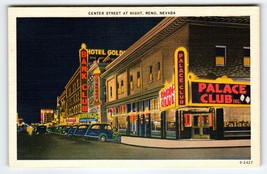 Center Street At Night Reno Nevada Casinos Old Cars Palace Bank Club Linen - £12.12 GBP