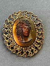 Vintage Thick Carved Brown Rootbeer Plastic Repousse Cameo in Antique Go... - $11.29