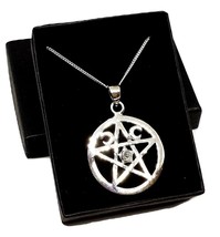 925 Silver Pentacle Triple Moon Moonstone Gemstone 18&quot; Chain Necklace Boxed Uk - £32.75 GBP