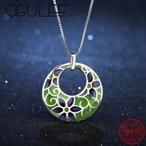 OGULEE Forget-me-not flowers Pendant Green Enamel Necklace for Women 925... - £31.00 GBP