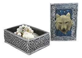 Ebros Blue Starry Night Alpha Grey Wolf Rectangular Decorative Box Trinket - £17.62 GBP