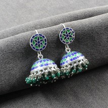 925 Sterling Silver Green Blue Enamel Dangle Women Jhumka Earrings - £45.95 GBP