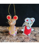 2 Wooden Mice Hanging Christmas Tree Ornaments Hand Painted Vintage Taiwan - £6.95 GBP