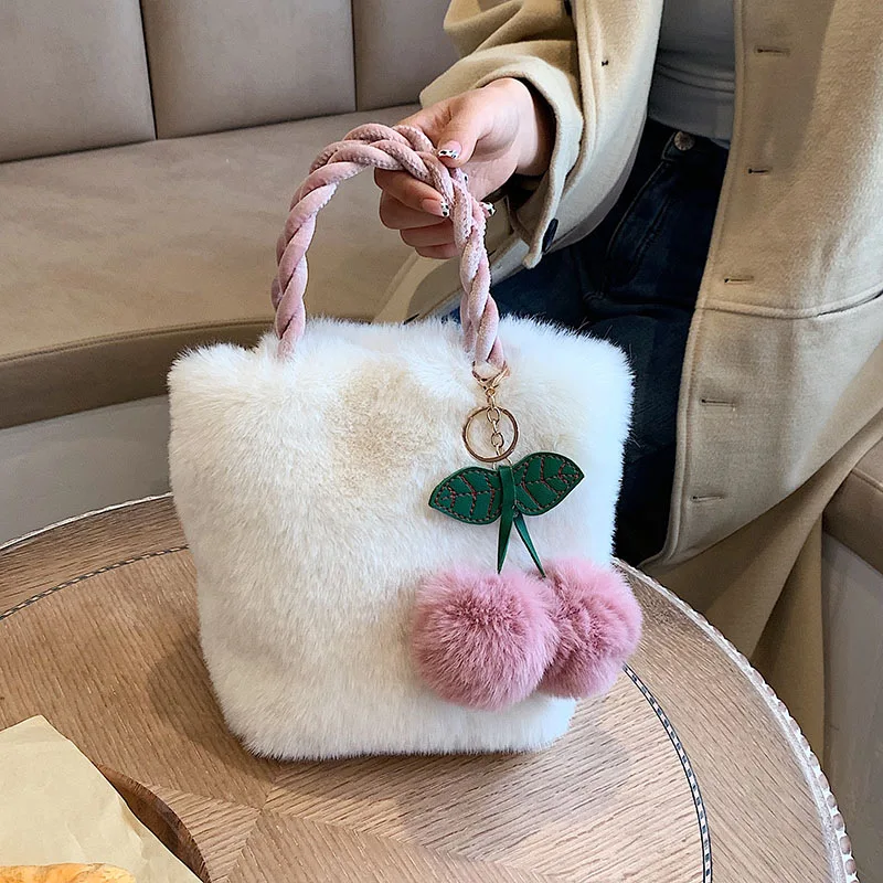 Cherry Pendant Winter Bag Women Plush Clutch Fashion   Totes Underarm Handbags P - $65.02